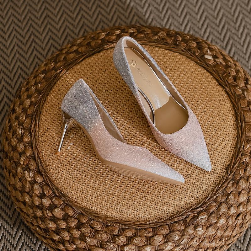 Huizhou women's shoes 2025 spring and summer new high heels women's senior sense of gradual change leather single shoes fine heel not tired feet