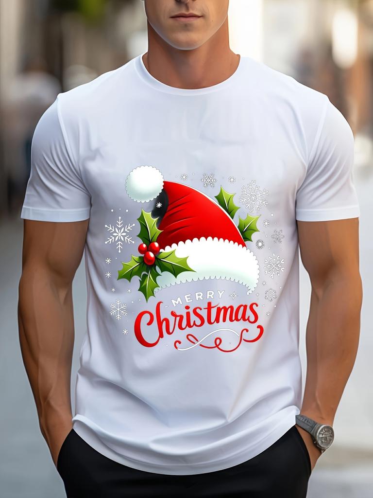 Mens Trendy Clothes Shortsleeved Casual Sports Tshirt with Christmasthemed Pattern Comfortable Regular Roundneck Outdoor