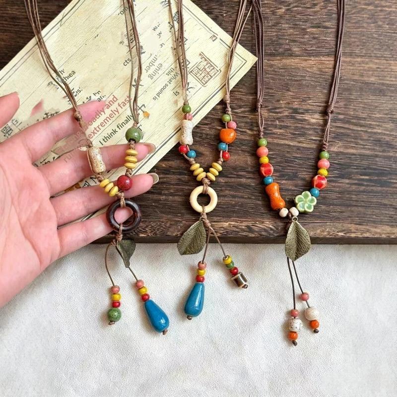 Chinese Style Ceramic Bead Pendant Necklace For Women Round Leaf Long Sweater Chain Necklace Aesthetic Jewelry Gift
