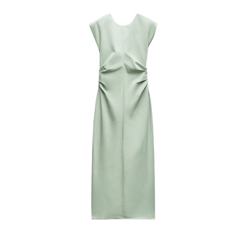 

Spring New Arrival Sweet Elegant Elegance round Neck Sleeveless Back Slit Ruched Waist Dress 1971056 Lake Green L