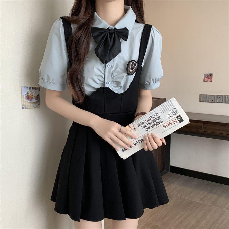 Plus Size Fishbone A-Line Strap Skirt and College Style Shirt Set - Slimming JK Design