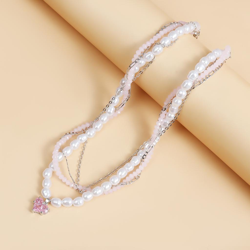 Simulation Pearl Crystal Love Pendant Multi-layer Necklace Accessories for Women Holiday Gift