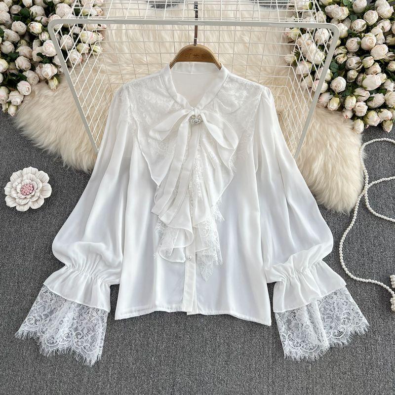 

Loose Lace Patchwork Flared Sleeves Bows Shoelace White All yards