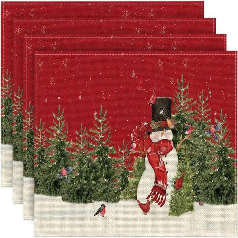 4Pcs Placemats & Coasters Set Christmas Santa Robin Snowman Reindeer Dinner Mats