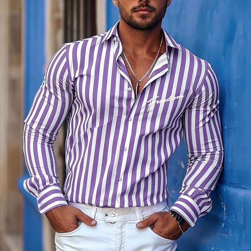 Men's Vertical Striped Long Sleeved Shirt, High-quality Lapel Cardigan, Personalized Letter Printed Casual Men's Top
