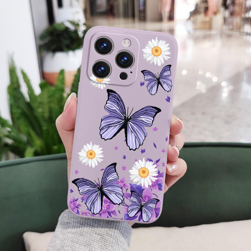 Butterfly Daisy Pattern Soft Liquid Silicone Fall Prevention Case Cover For iPhone 16 16e 15 Pro Max 14 Plus 13 12 11 X Xs Max 7 8 6 SE2 SE3