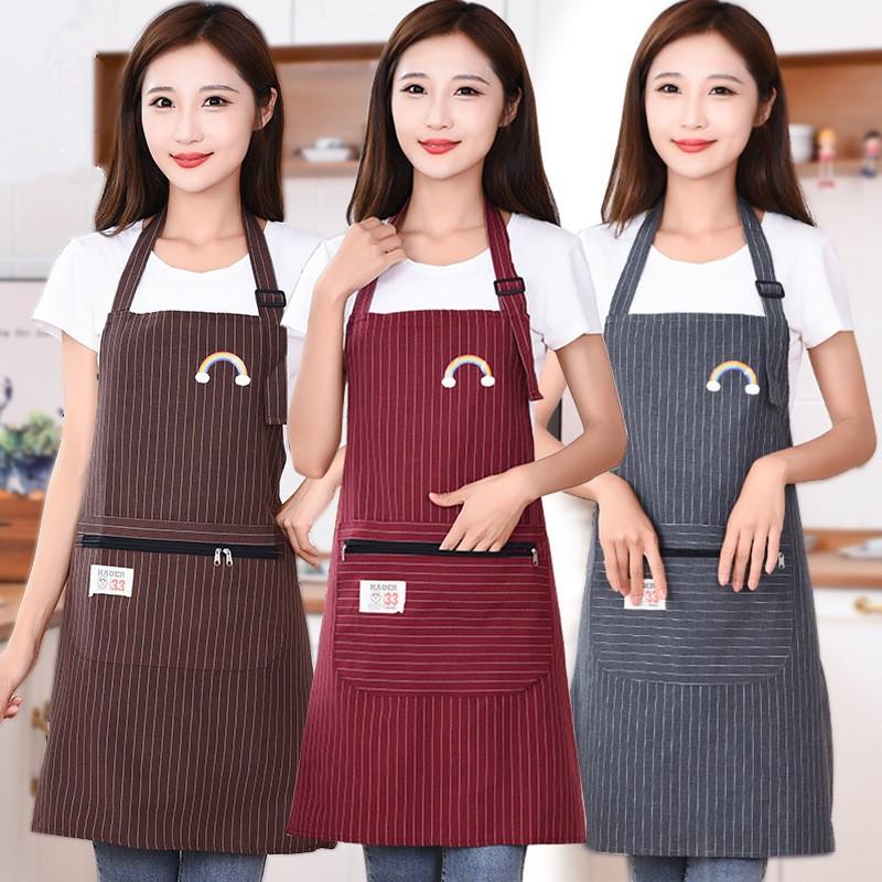 Kitchen Oil Resistant Apron Striped Zippered Linen-Cotton Apron With Straps Breathable Apron Women'S Dirt Resistant Work Clothes