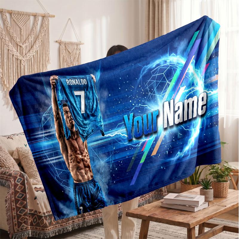 Personalisierte Fleece-Decke Cristiano Ronaldo mit Fußball-Logo, Individueller Name Text Weich Warm Home Überwurfdecke