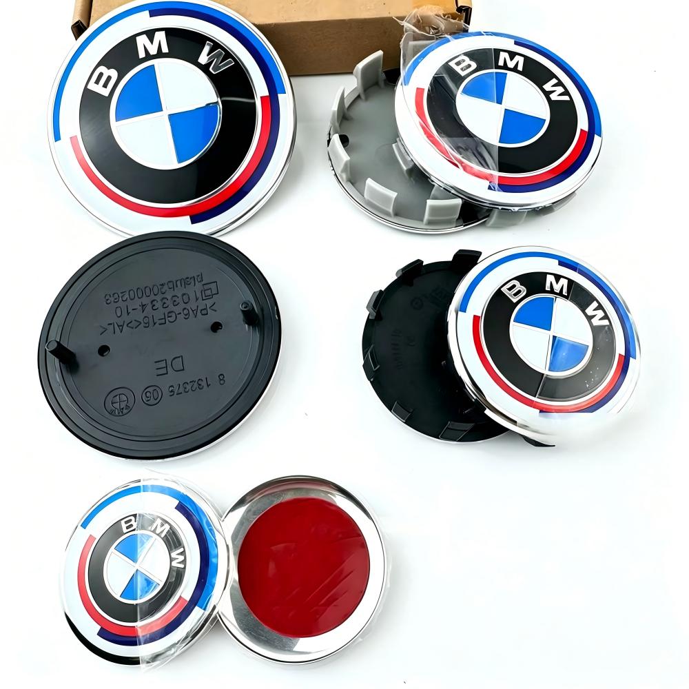 7pcs for BMW E36 E46 E53 E90 E60 E61 E93 E87 50th Car Hood Front Rear Trunk Emblem Wheel Center Hub Cap X1 X3 X5 F30 F20 G30