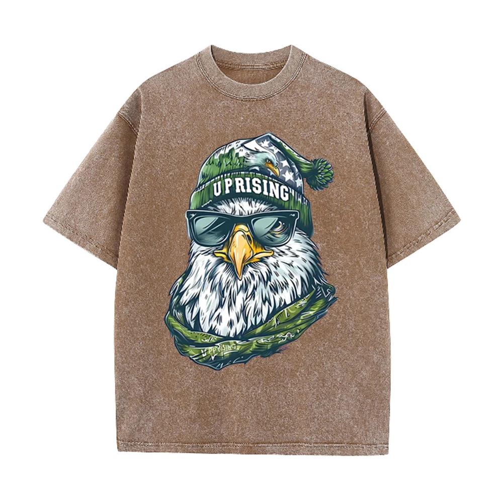 2026 Cool Eagle Uprising Graphic Print Unisex T Shirt Vintage Washed Short Sleeve Crew Neck American Streetwear Casual Tee