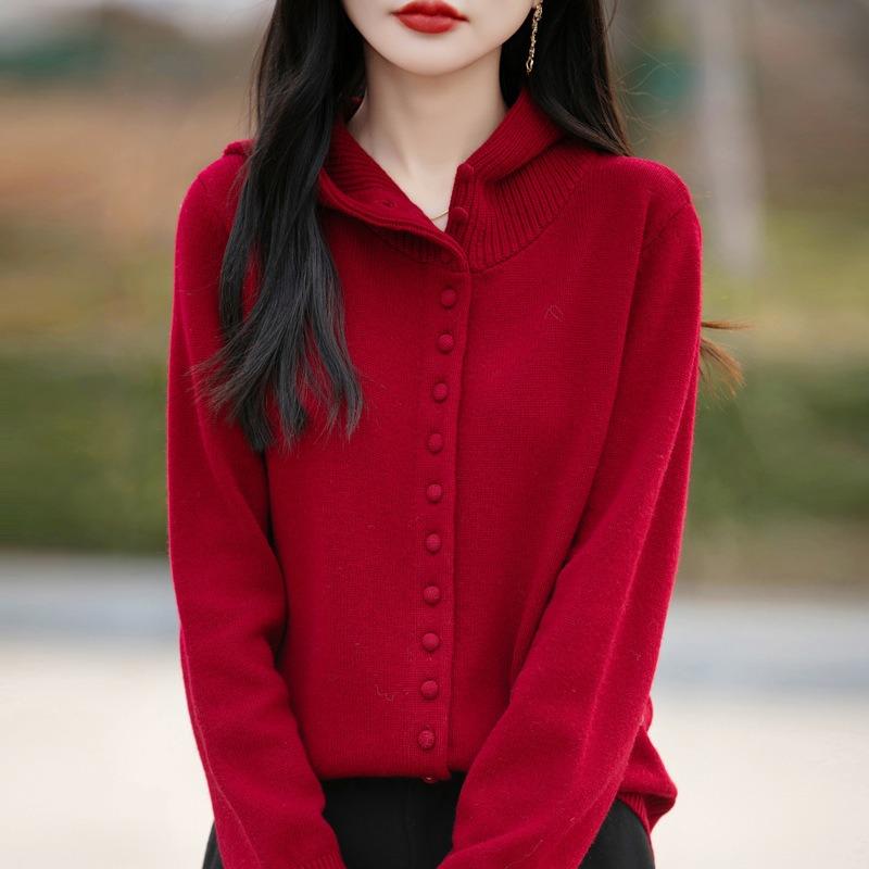 Hooded knitted cardigan women's single-breasted sweater jacket autumn and winter new casual loose hooded sweater stacked top