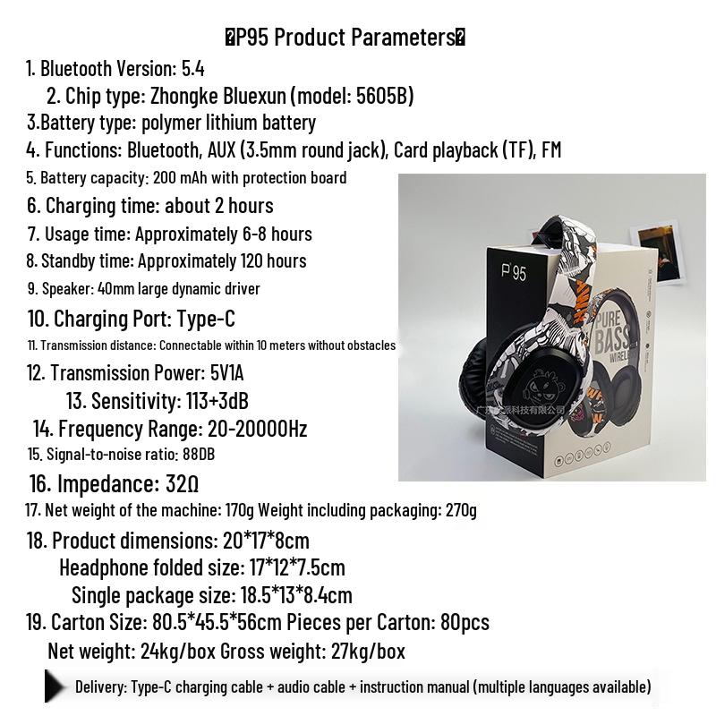 Graffiti P95 LED Head-mounted Bluetooth Earphones with Long Battery Life - True Wireless for Sports and Music