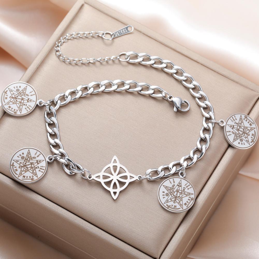 Dawapara Witches Knot Tetragrammaton Bracelet Celtics Protection Witchcraft Knot Figaro Chain Bracelets Stainless Steel Jewelry