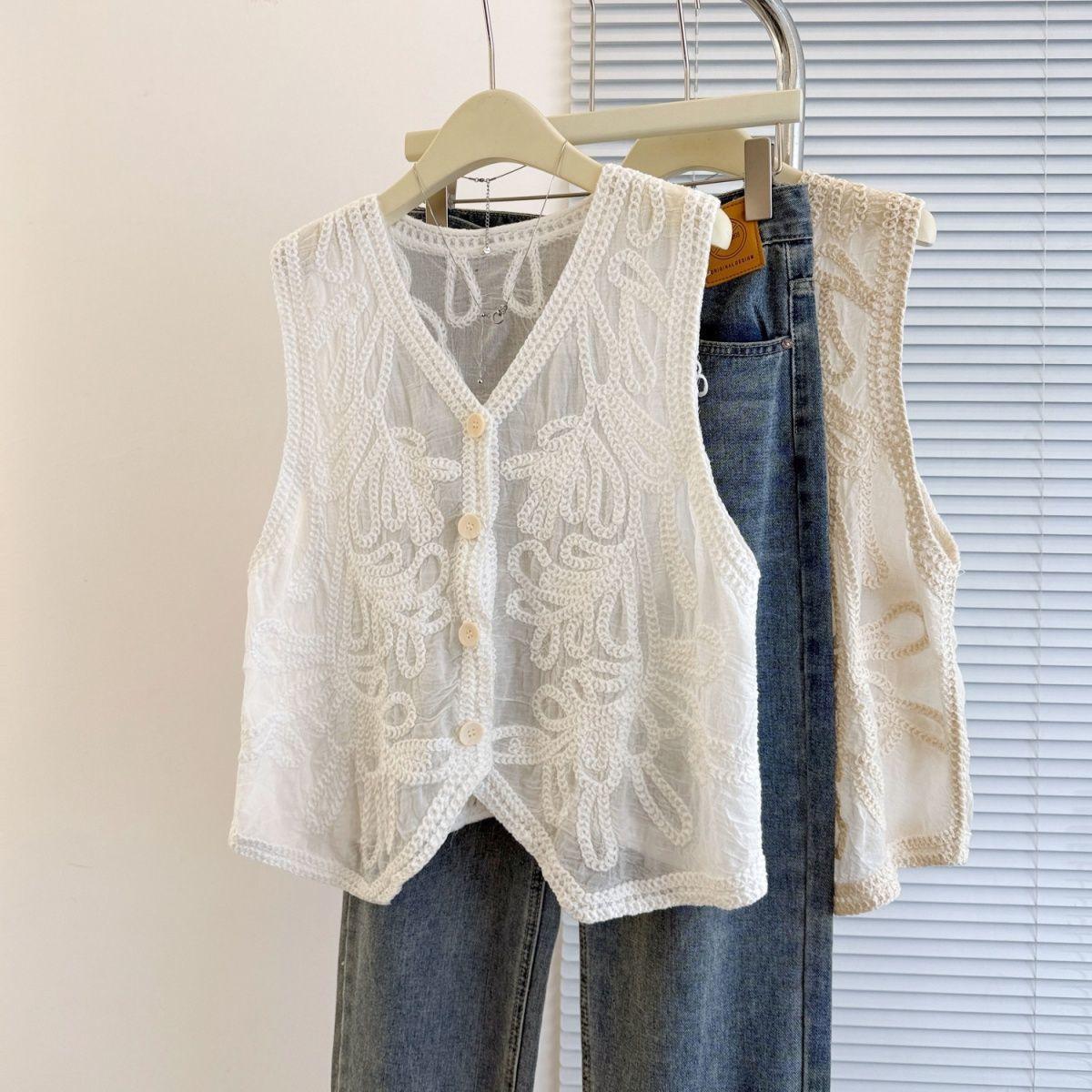 

Топ-майка женская в литературном стиле с кружевом и вышивкой, облегающая, в корейском стиле - Свежий, Милый, Молодящий One Size