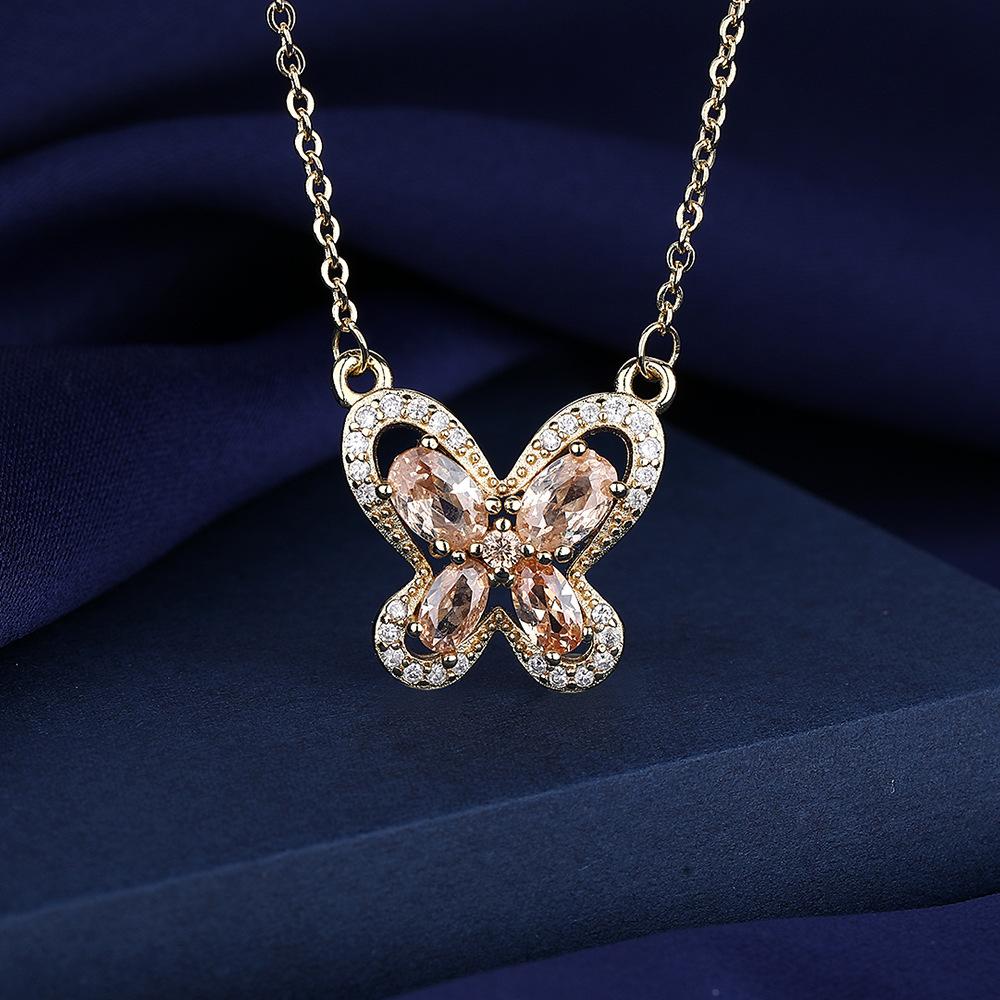 925 Sterling Silver Light Luxury Elegant Champagne Zircon Butterfly Necklace Birthday Party Anniversary Gift