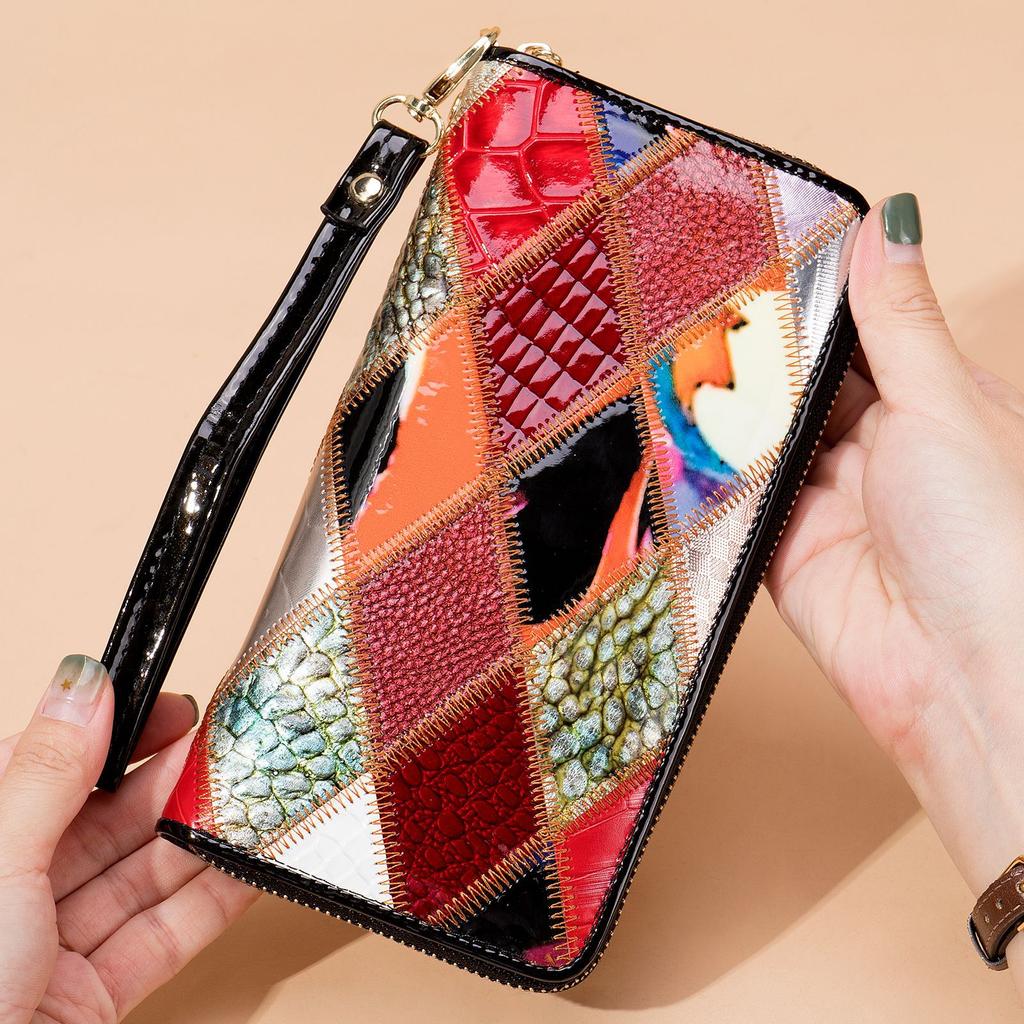 Damen Handgeldbörse, Damen Lange Farbe Patchwork Null Geldbörse, Damen Reißverschluss Handy Tasche, Echtes Leder Geldbörsen Clip