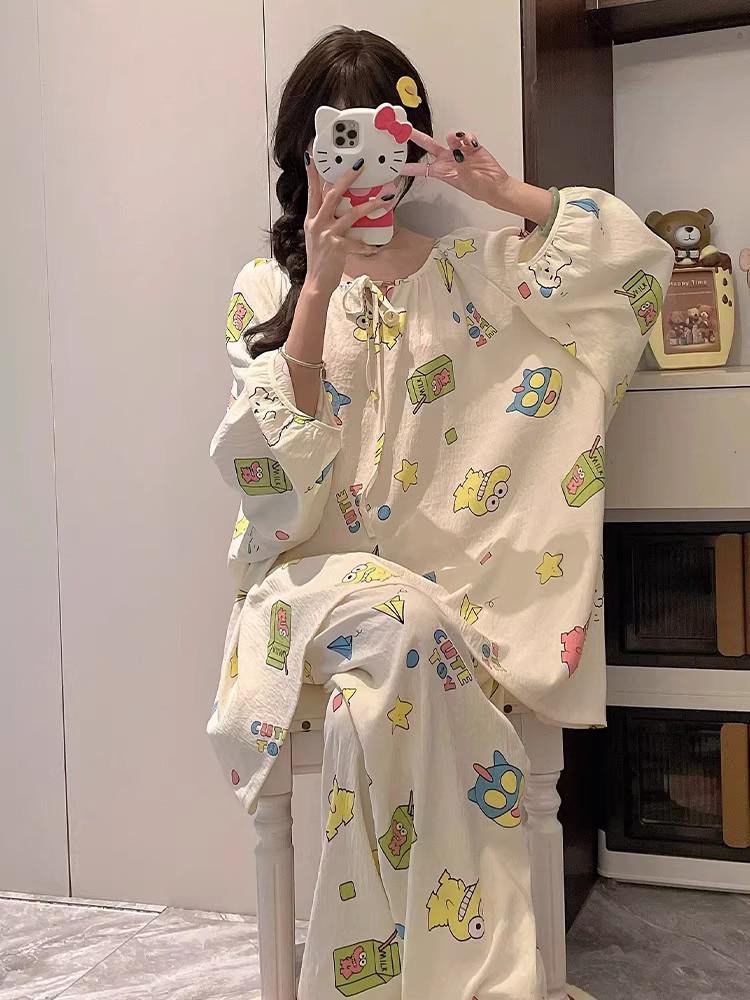 Women's Sweet Pure Cotton Pajama Set - Round Neck, Long Sleeve, Long Pants, Comfortable Home Wear for Spring & Autumn