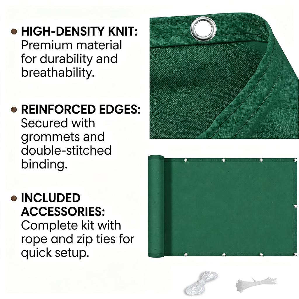 Balcony privacy screen, outdoor shade cloth, garden fence fabric, apartment railing cover, with drawstring ties—green