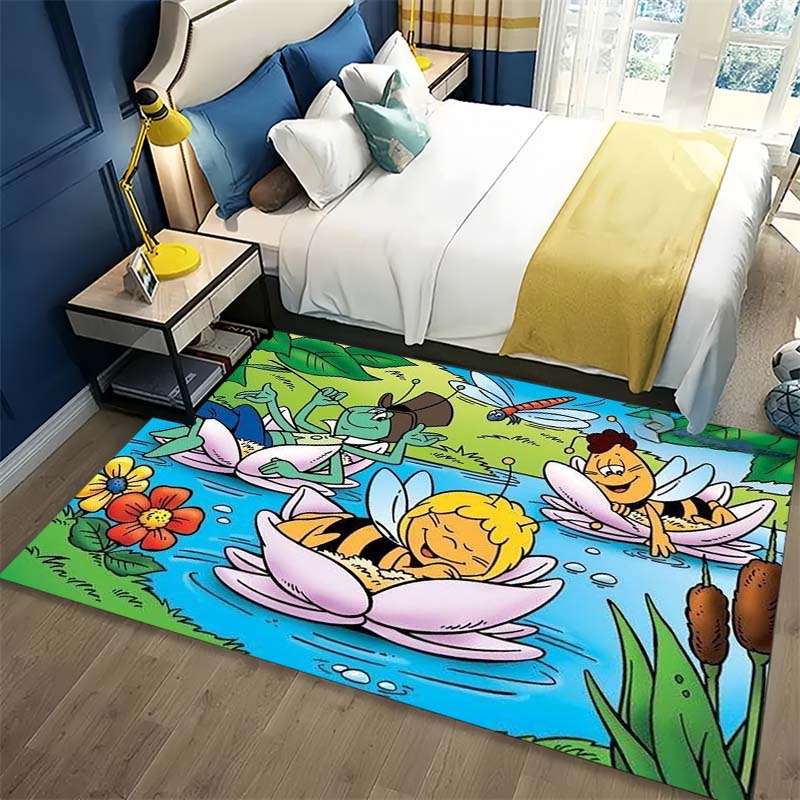 Maya The Bee Cartoon Characters Lotus Pond Flower Print Area Rug Non‑Slip Rectangular Floor Mat Home Decor