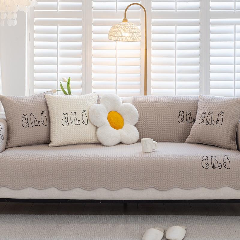 Modern Simple Sofa Cushion Pure Cotton Cartoon Embroidered Sofa Towel Full Cover Sofa Cover Four Seasons Universal Fabric Cushion