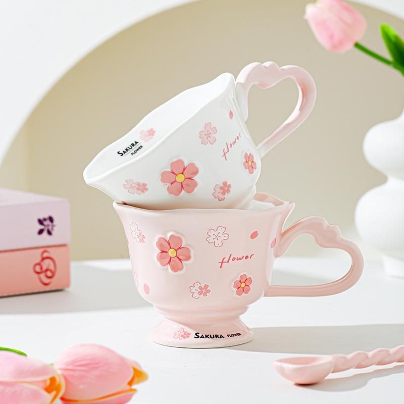 High Looking Cherry Blossom Goblet Souvenir Ceramic Girl Office Drinking Water Cup Breakfast Cup Elegant Cup