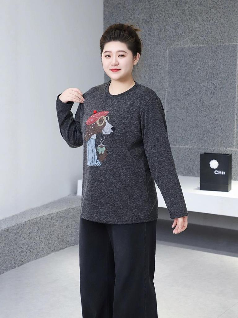 2023 Winter Korean Style Loose Casual Round Neck Puppy Print Pullover Plus Size Women's Top