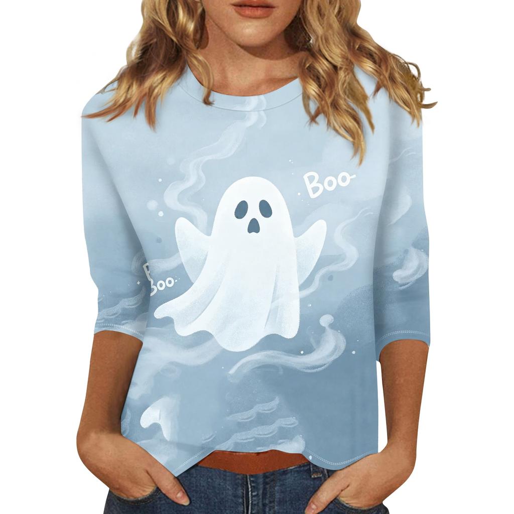 Women's Casual 3/4 Sleeve Halloween Print Round Neck Top Lightweight Loose Fit Pullover Shirt for Everyday Wear