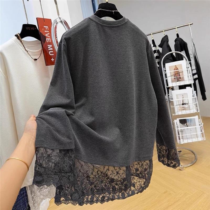 Lace Patchwork Fleece Sweatshirt Casual Loose Long Sleeve Top