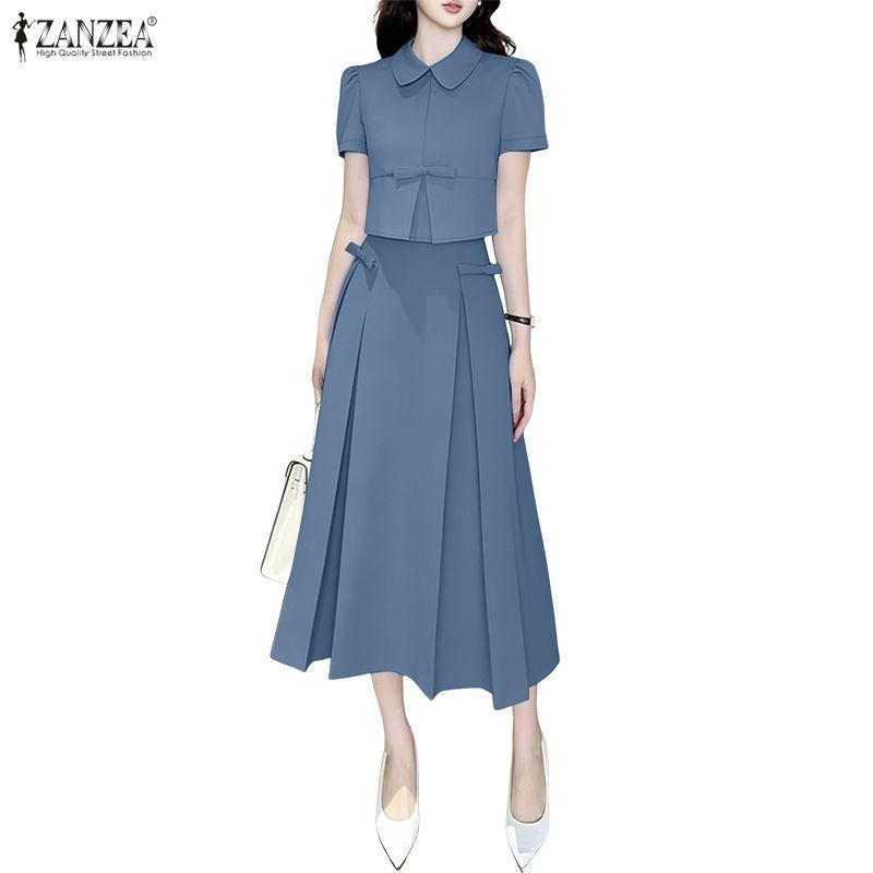 ZANZEA Women Short Sleeve Blouse and Midi Skirts Casual Two Piece Suit Sets
