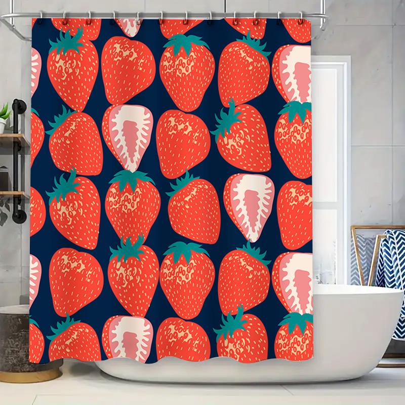Strawberry Pattern Shower Curtain Navy Blue Red Floral Design for Bathroom Decor Quick Dry Fabric with Hook Rings (Size: 72x84in