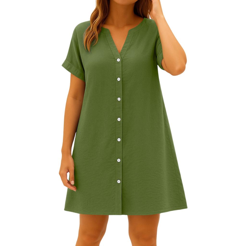 Lässiges Leinenkleid für Damen mit V-Ausschnitt, Knopfleiste, kurzen Ärmeln und lockerer Passform