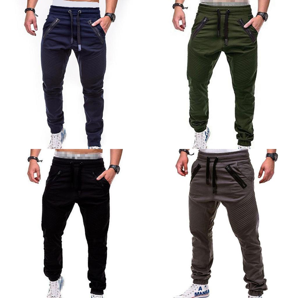 Men's Slim Fit Cuffed Trousers With Adjustable Waist And Multiple Pockets