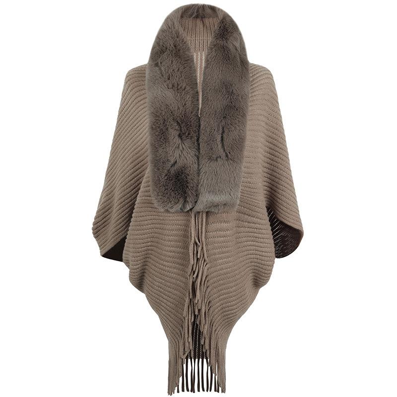 Poncho Châle Cape en Tricot avec Col en Fourrure et Franges pour Femme Vêtement d'Extérieur Chaud