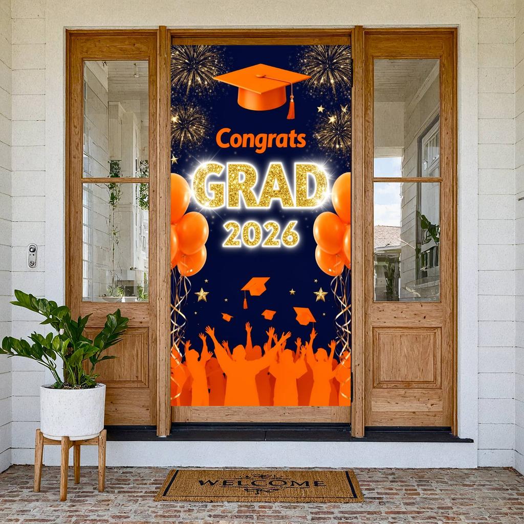 Grad Festive Display Orange Themed Senior Grad Banner 2026 Grad Banner Graduation Party Banner For Graduation Photo Shoot Indoor