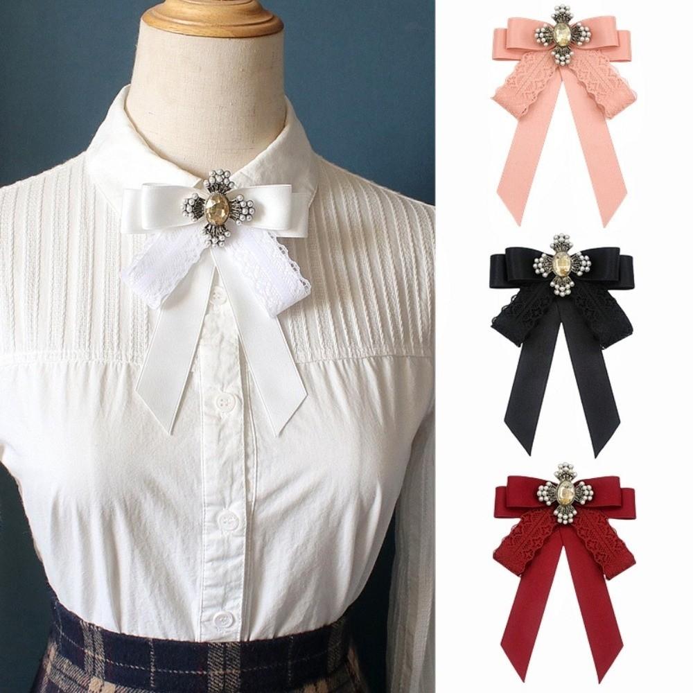 Rhinestone Crystal Ribbon Bow Brooch Polyester Shirt Collar Pin Neckline Decoration Brooches  Women