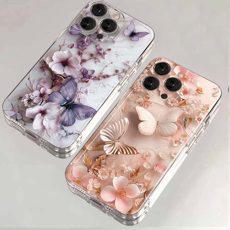 Creative Butterfly Flower Pattern Phone Case For iPhone 11 12 13 14 15 16 17 Pro Max XS X XR 7 8 Plus 16e Transparent Soft Cover
