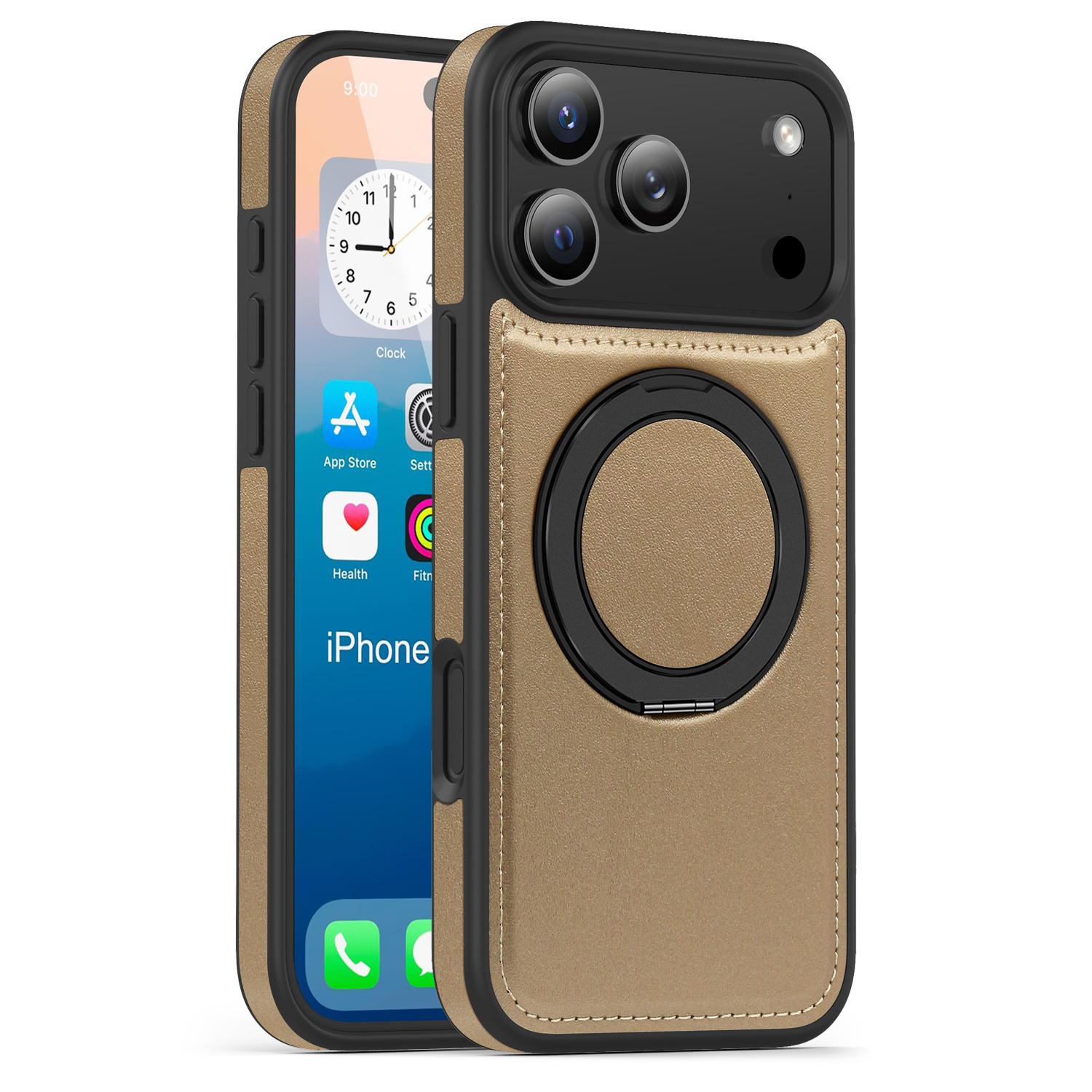 

Діловий шкіряний чохол для телефону з обертовим кронштейном для iPhone 17 16 15 14 13 12 11 Pro Max Plus Magsafe Магнітне кільце Стенд Тримач Кришка iPhone 17 Pro золотий