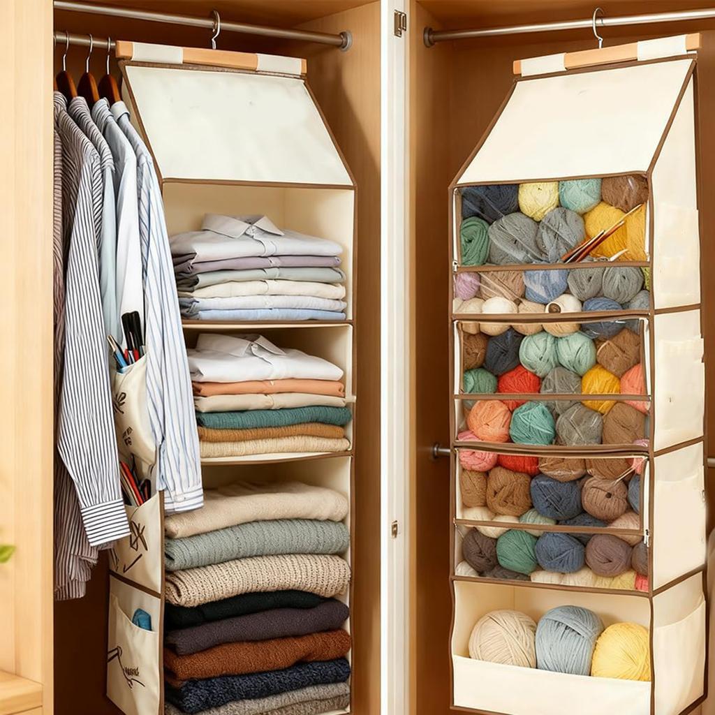 Storage Bag – Large Capacity Hanging Yarn Storage Organizer With 4 Clear Zipper Closure Compartments Pockets & 3 Side Crochet/Knitting Needles Pockets