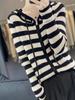 Black & White Stripe Wool Hooded Cardigan for Women - Korean Style, Long Sleeve, Autumn/Winter Outerwear