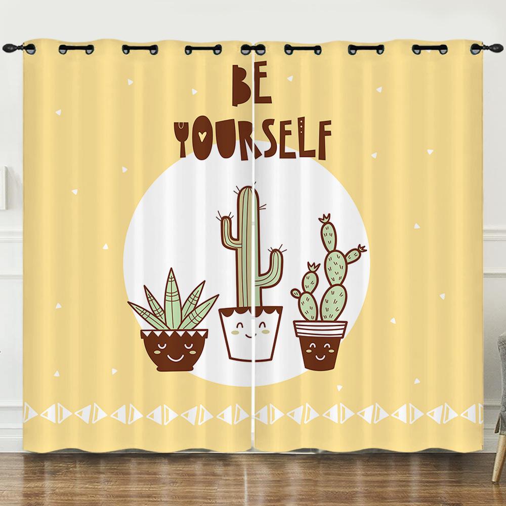 Curtains Fresh Green Plants Hand-Painted Cactus 3D Digital Printing Blackout Curtain Punching