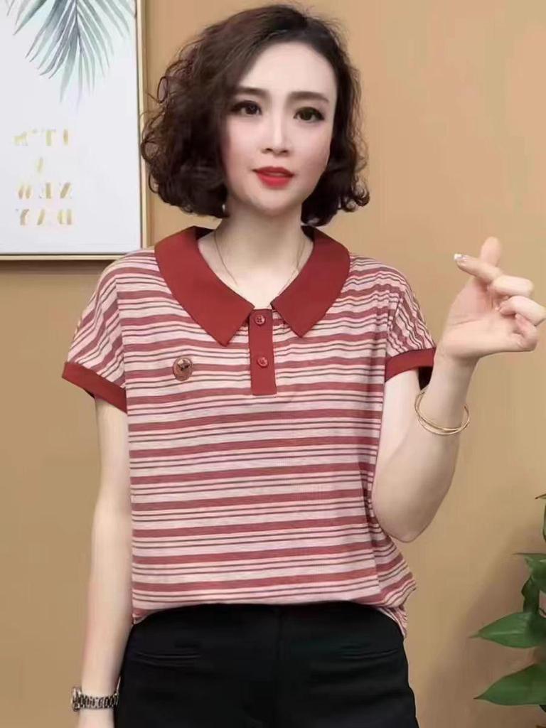 Sommer Besticktes Gestreiftes Peter Pan Kragen T-Shirt für Frauen mittleren Alters und ältere Frauen - Kurzarm