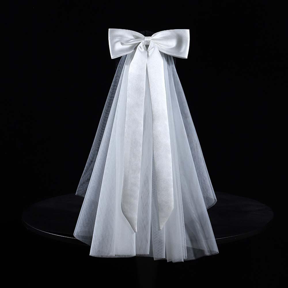 Single Layer Bride's White Headgear Romantic Bridal Headdress Elegant Long Satin Bow Veil  Wedding