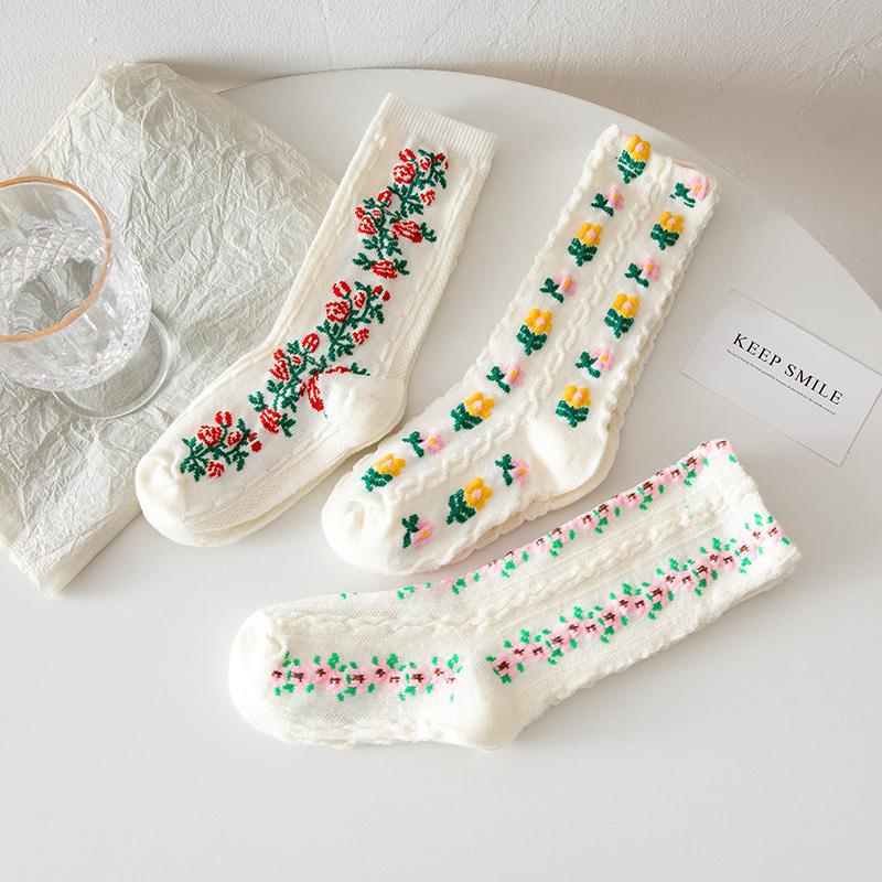 3 Pairs Girls Vintage Floral Long Socks 1-8Y Cotton Breathable Casual Sweet Children Stockings 1-3Y S