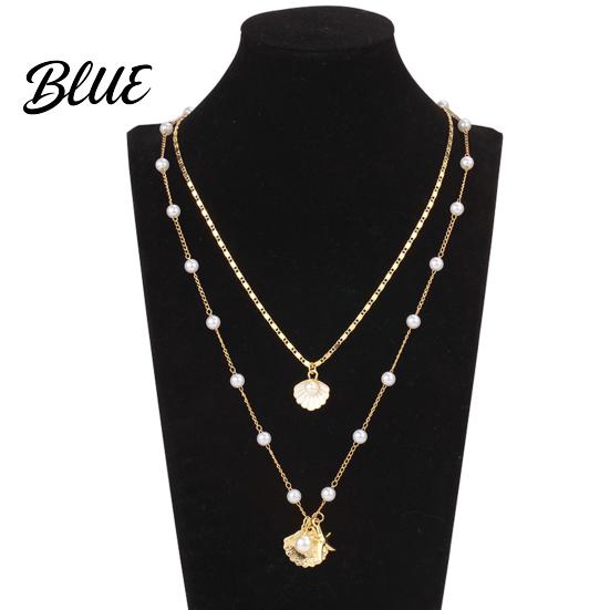 Shell Necklace Women Double-layered Starfish Charm Faux Pearl Decor Adjustable