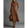 Vestido Midi Feminino Gola Alta Manga Longa Zíper Cinto na Cintura Camurça Linha A Outono Inverno