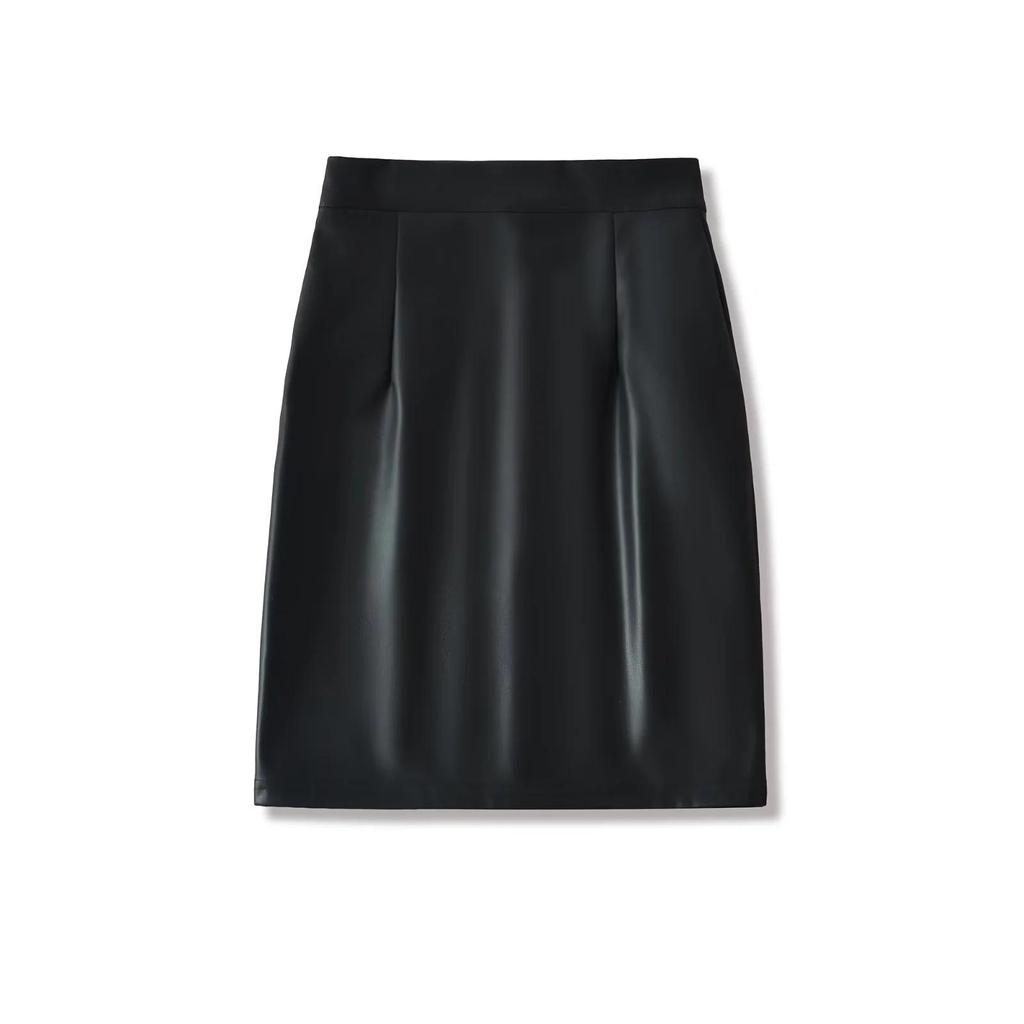 Elegant PU Leather Hip-Hugging Skirt: Retro, Slimming, Built-In Padding, Slit Midi Design for Women - Autumn/Winter