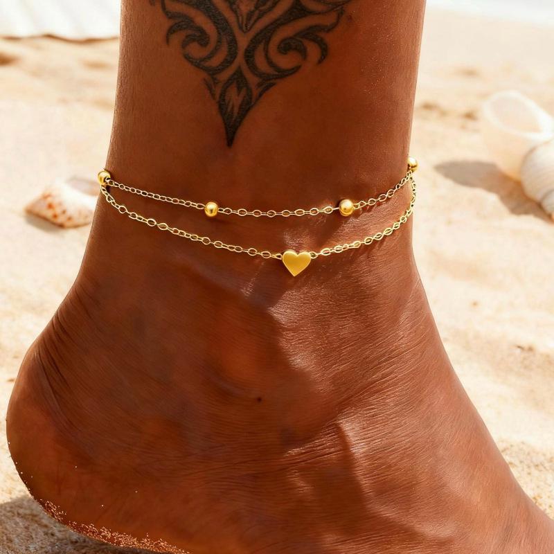 Trendy Double-Layer Heart Anklet: Stylish Beach Jewelry for Women золотой