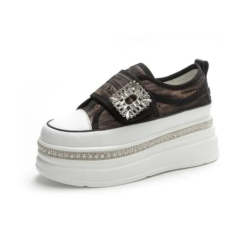 6CM Denim Diamant Plateau Keilabsatz Echtleder Lässig Frühling Sommer Herbst Bequem Hochwertig Klobige Sneaker Versteckte Absätze Schuhe