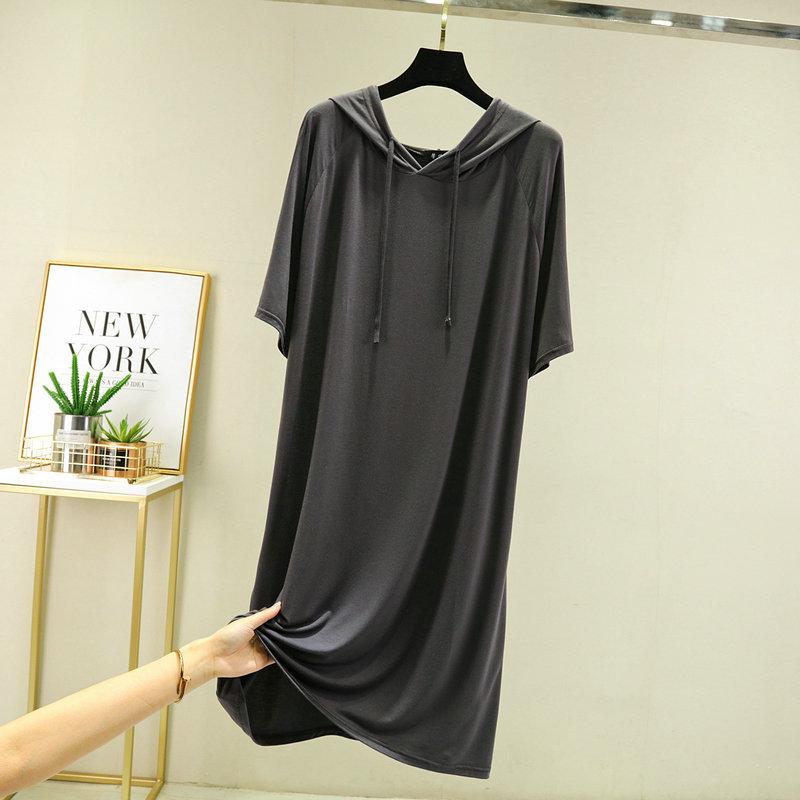 Damen Kapuzen-Kurzarm-Midikleid Lockerer Schnitt Hohe Taille Pendler Freizeit T-Shirt-Kleid Modal Uni Frühling Sommer Lange Tunika