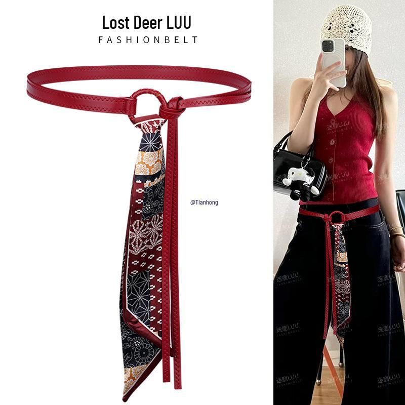 Red Silk Scarf Belt: Women's Retro Accessory for Jeans or Skirt with Double Belt Design.
